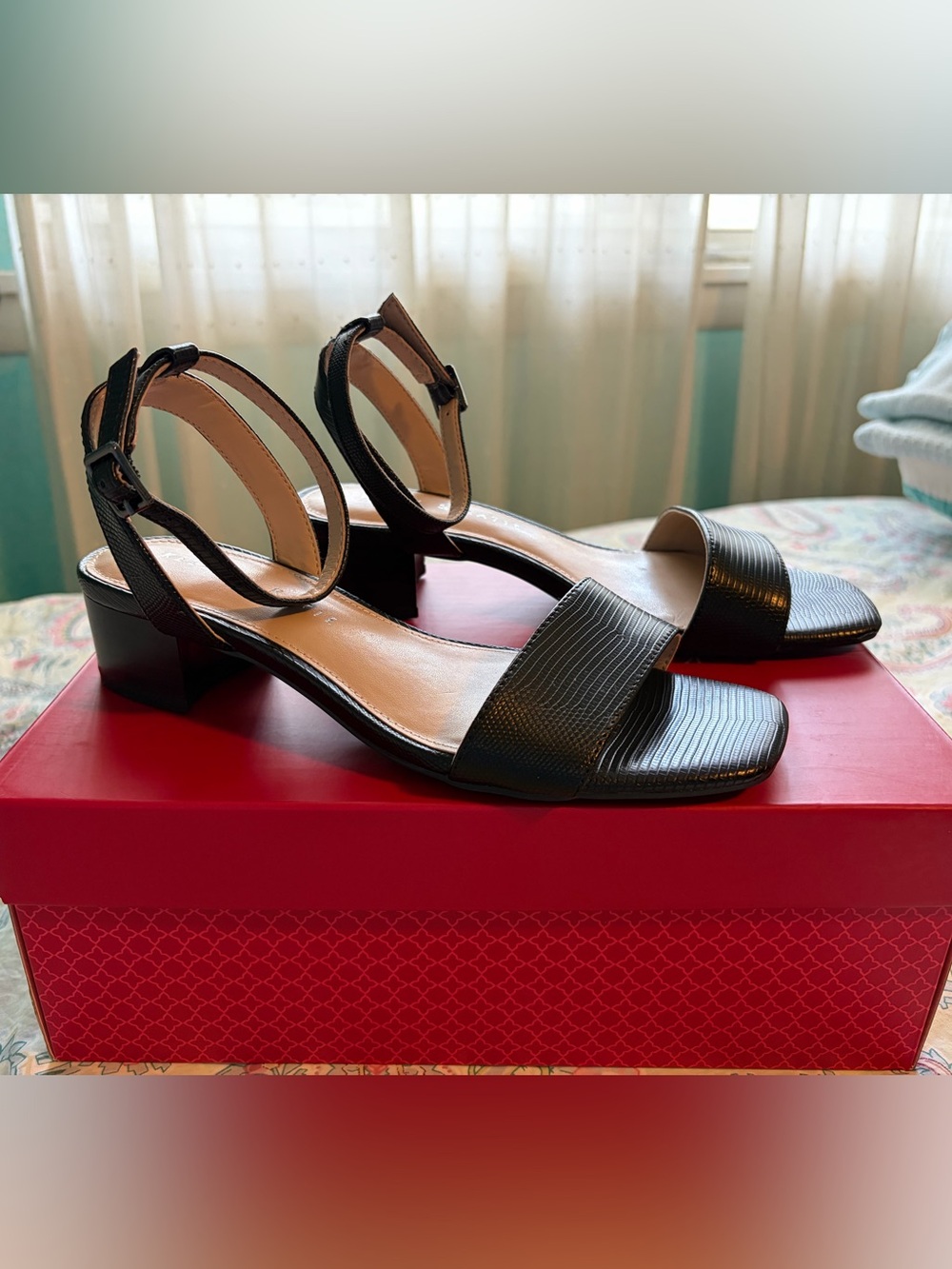 Kelly & Katie Black Textured Ankle-Strap Block Heel Sandals